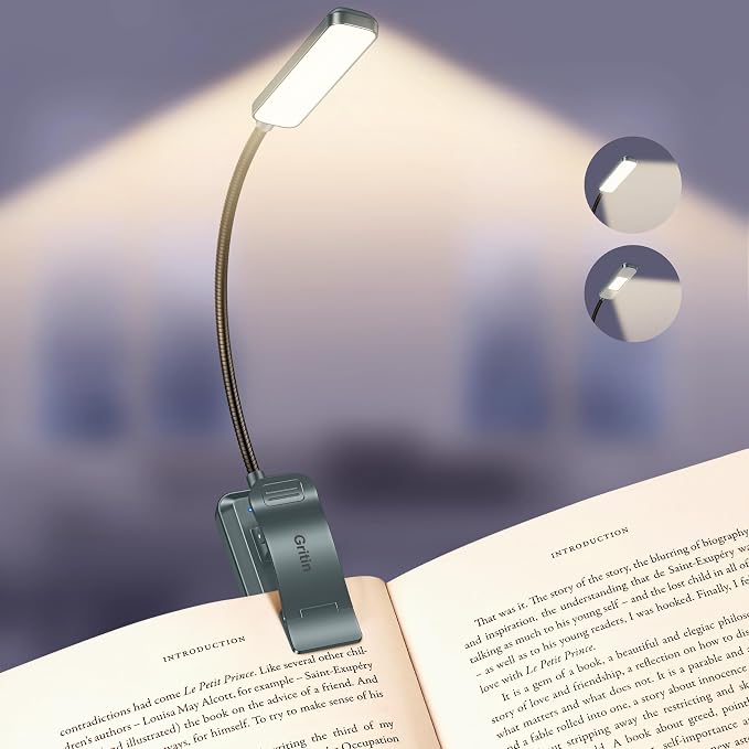 Gritin 2026 Gen 2 Book Light for Reading- 30 Eye Caring Full Spectrum LED | 5 Colors & 5 Brightness, Adjustable Wide/Narrow Beam, Upgrade 1500mAh Long-Lasting Rechargeable Clip on Light-Sea Blue