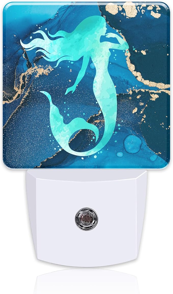 Watercolor Turquoise Mermaid Night Light for Kids,Navy Blue Golden Marble Night Light Plug in with Dusk to Dawn Sensor,0.5w Energy Saving Nightlight for Hallway Stairway Kitchen Bedroom