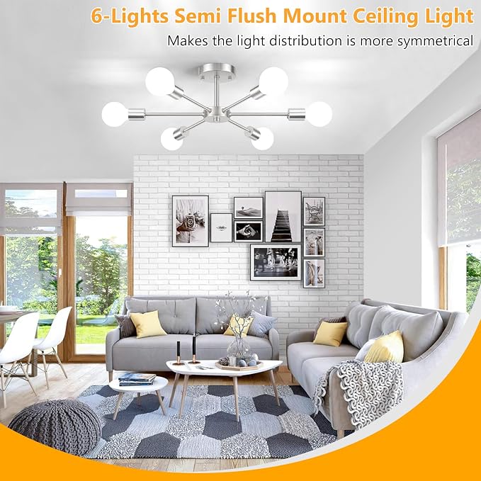 Lomoky 6-Lights Brushed Nickel Kitchen Light Fixtures Ceiling Mount, Modern Semi Flush Mount Ceiling Light, Sputnik Close to Ceiling Light for Bedroom Dining Room Hallway
