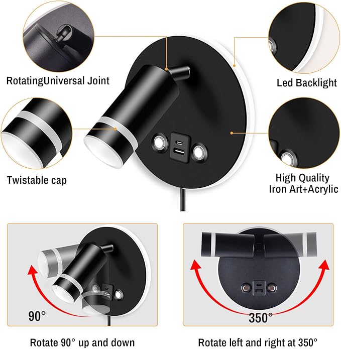 ERAY Wall Mounted Reading Light, Bedside Headboard Lights with USB and Type-C Charging Port/Touch Control, 3000K/4000K/6000K 350° Rotatable LED Spotlight & Backlight for Bedside Bedroom -1 Pack