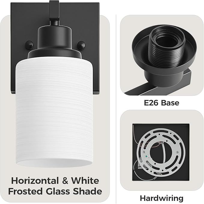 Set of 2 Wall Sconces for Bathroom, Black 1 Light Bathroom Vanity Light,Modern Wall Sconces Indoor with White Glass Shades,Farmhouse Wall Lamp for Bedroom Living Room Mirror Hallway