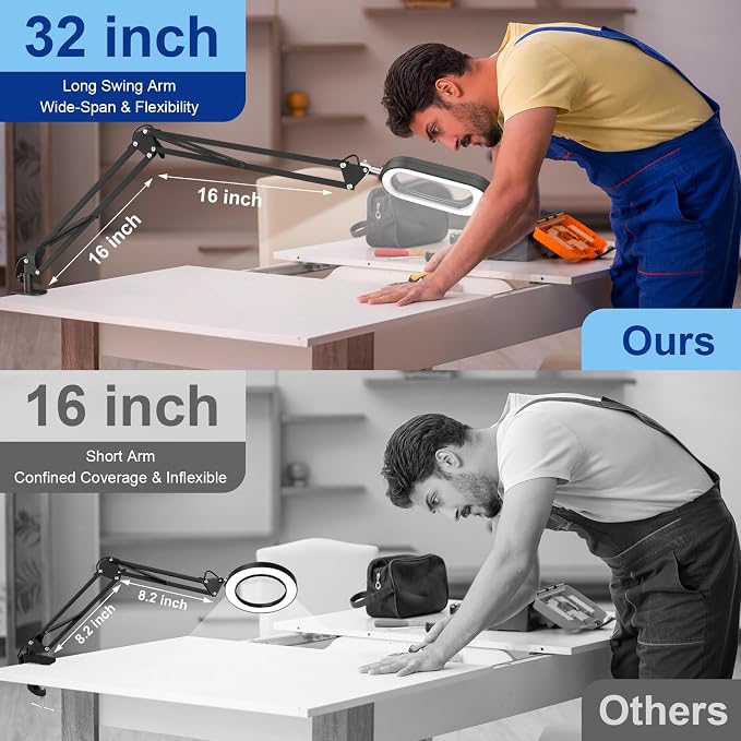 16" Extra Long Magnifying Glass with Light and Clamp, Real Glass, 5 Color Modes, Stepless Dimmable, Lighted Magnifier with Stand Hands Free, LED Swing Arm Desk Lamp for Close Work, Craft, Black