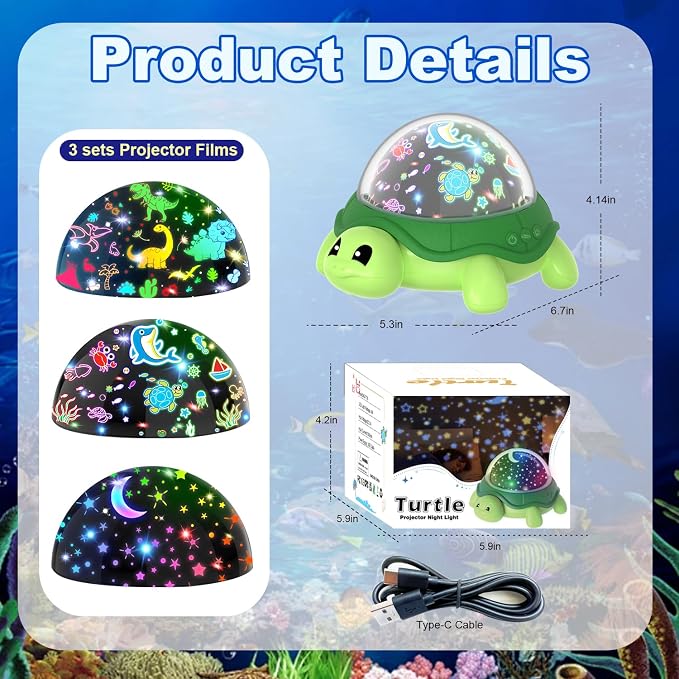 Turtle Kids Night Light,Toys for Boys 3-8 Years Old Starry Sky Projector Light,360 Rotation,4 LED Bulbs,16 Light Colors Variable,USB Cable Powered,Ceiling Light for Kids Bedroom
