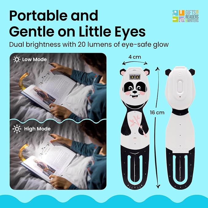 Gifts for Readers & Writers Rechargeable Book Light for Kids, Clip On Reading Light for Bed, 2in1 Flexilight Pals & Bookmark, 12 Hours of Light Once Charged, Includes USB Cable & 2 LED Lights, Panda