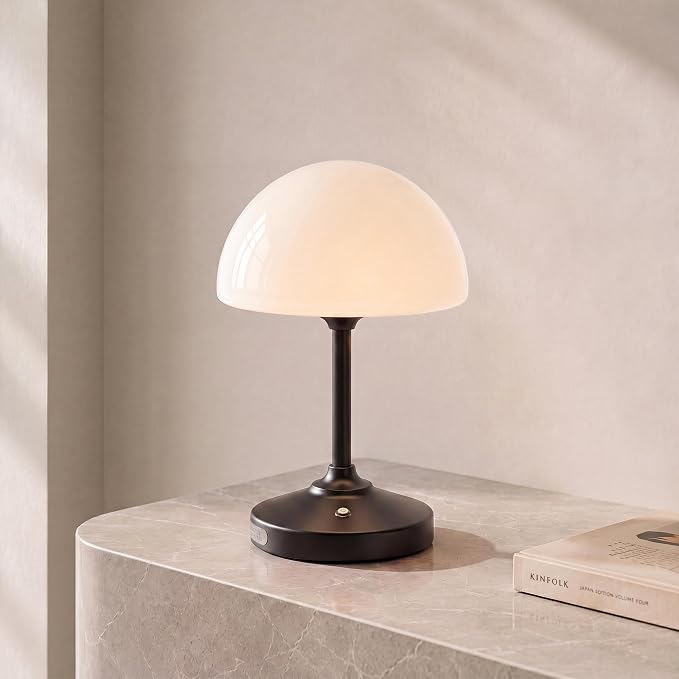 Table Lamp Cordless Lamp,5000mAh Rechargeble Battery Operated Lamp | Small Bedside Desk Lamp 11.02" with Glass Shade 3-Way Dimmable Portable LED Table Light,for Outdoor,Dinner,Patio(Black)