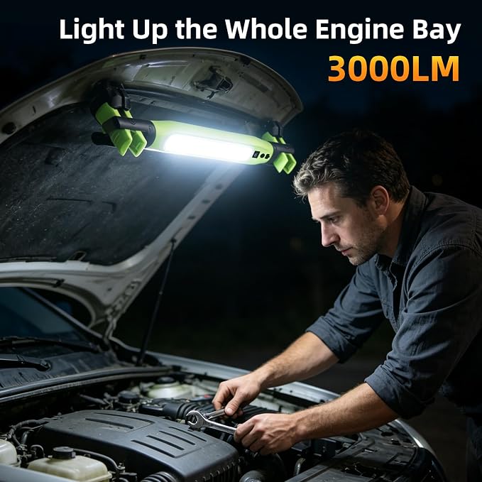 YXQUA 2 Pack Under Hood Work Light, 3000LM IP66 Magnetic COB Cordless | 4 Modes, Red SOS, 360 Degree Swivel Hooks, Clamps, Type-C, for Mechanic, Vehicle Inspection, Garage, Workshop, Hands-Free