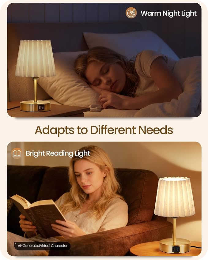 Small Bedside Table Lamps Set of 2, Touch Dimmable Table Lamps with USB Ports, Nightstand Lamps with 2 Stepless Dimming LED Bulbs, E26 Base, for Bedroom, Study, Gold and White DW16TLP205