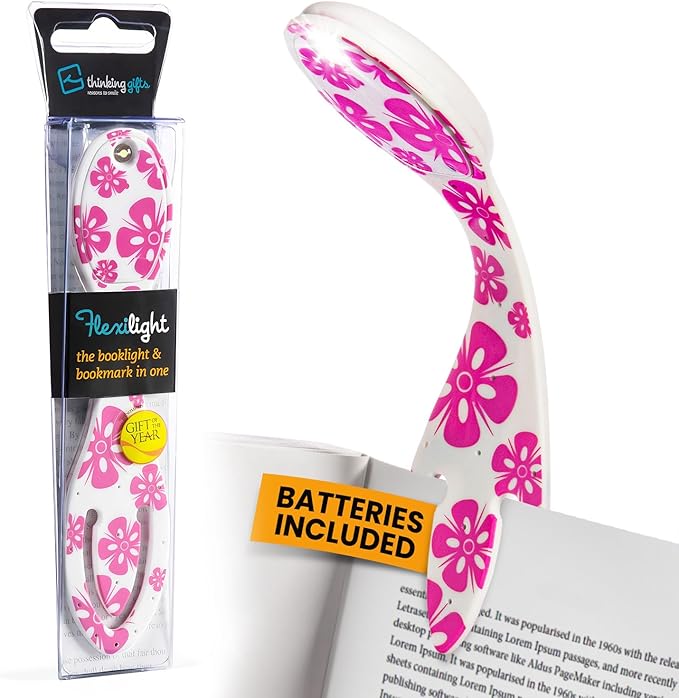 Gifts for Readers & Writers Book Light, Clip On Reading Light for Bed, 2in1 Flexilight & Bookmark, Small & Lightweight with a Soft Glow, 2 Batteries Included, Pink Flowers