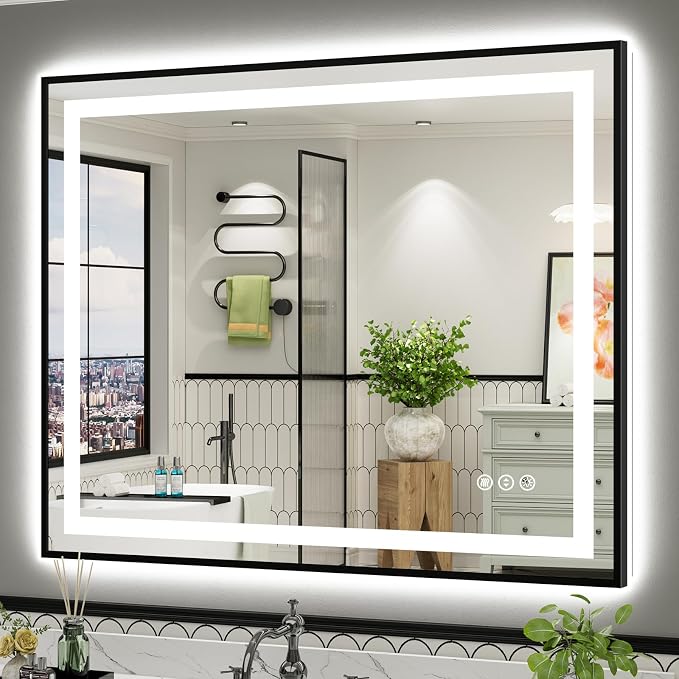 48x40 Inch LED Bathroom Mirror with Black Frame, Backlit & Front Lit | Anti-fog, 3 Color Dimmable, Memory Function, HD Reflection Tempered Glass, ETL Listed, IP54 Waterproof