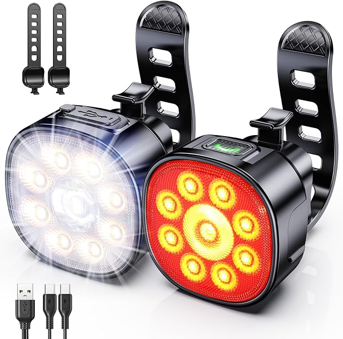 Bike Lights Super Bright, Rechargeable Bicycle Lights Set Multiple Modes, Waterproof Bike Lights for Night Riding/Cycling Safety, Front and Back Bike Reflectors Light, Long Battery Life