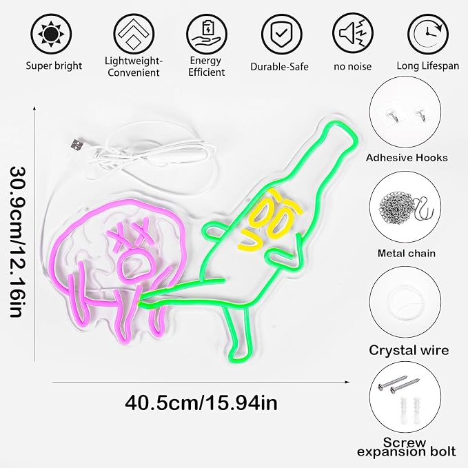 Funny Beer Neon Sign for Bar Man Cave Wall Decor Novelty LED Light | USB Powered Dimmable Funny Beer Neon Sign with Beer Kicking Brain Artwork for Bar Pub Man Cave Game Room Garage Decor