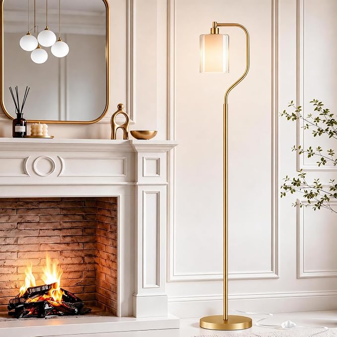 Dimmable Gold Floor Lamp with Double Glass Shade | Modern Floor Lamp with Remote & Foot Switch, 3 Color Temperatures, 9W Bulb, Corner lamp for Home Decor, Living Room, Bedroom