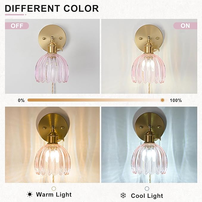 Plug in Wall Sconces Set of 2, Vintage Wall Sconce Light with Tulip Pink Glass Lampshade, Bedroom Wall Sconce with Switch and Plug in wall lamp Cord, Gold Wall Light Wall Decor Set of 2