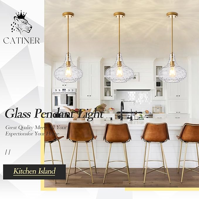 11" Clear Glass Pendant Light – Large Hand-Blown Glass Shade with Hammered Texture and Gold Finish, Adjustable Ceiling Hanging Light for Kitchen Island, Dining Room, Hallway, Living Room