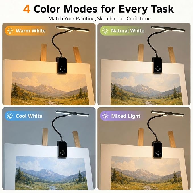 2 Pack Clip-On Easel Light, Rechargeable Artist Lamp for Painting | Flexible Arm Reading Light with 4 Color Modes & 3 Brightness, Music Stand Light, for Piano Bed Reading Desk Puzzle