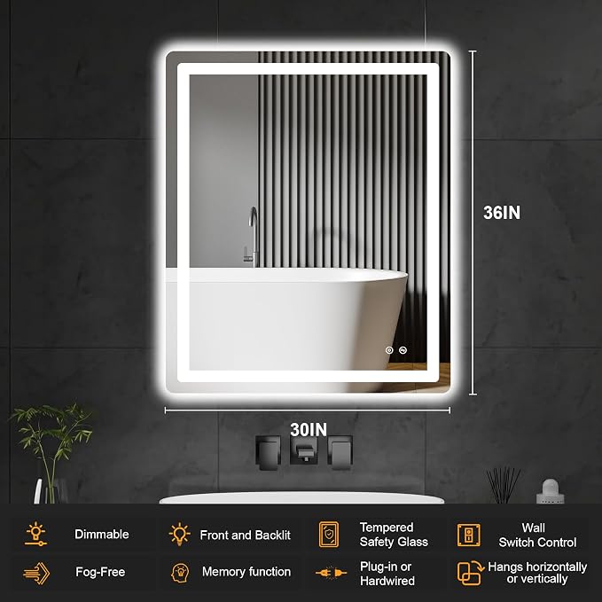 LED Bathroom Mirror with Lights, 30 x 36 Lighted Vanity Wall Mirror | Backlit and Frontlit, Anti-Fog, Dimmable 3 Colors, Shatter-Proof Tempered Glass, Memory Function, Plug-in/Hardwired
