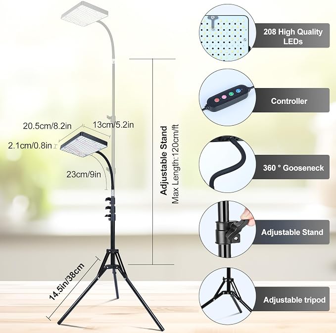 25 Watt Grow Light with Stand, Enough Bright, NO Need Adapter, 4/8/12/16/20H 5-Mode Timer, Natural Sunlight Full Spectrum Plant Growing Lamps for Tall Houseplants & Bonsai Tree