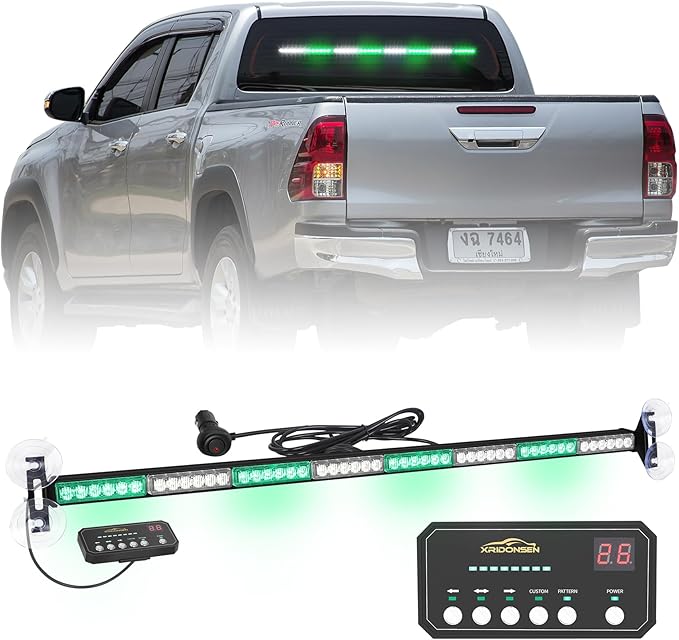 XRIDONSEN 35 inch Traffic Advisor Green White Emergency Light Bar 48 LED Strobe Lights Safety Hazard Warning Lights Front/Rear Window w/Display Controller for Volunteer Firefighter Vehicles Fire POV
