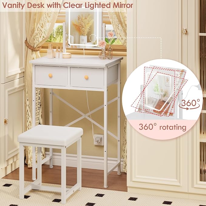 19.7"W Small White Makeup Vanity Desk with Mirror and Light, Chair | Mini Vanity Set Table with Stool, Smart Adjustable Lighted Mirror for Kids, Girls, Bedroom, Corner, Small Space