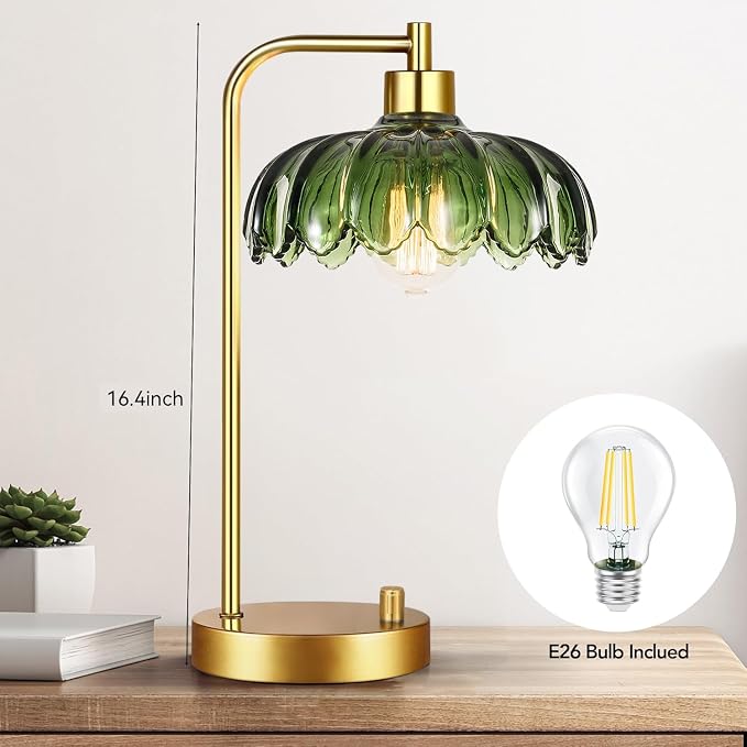 ILLMTW Glass Table Lamp Set of 2,Small Gold Bedside Lamps Dimmable Boho Bedroom Lamp with Tulip Flower Green Lamp Shade,Vintage Mid Century Modern Mini Nightstand Lamp for Bedroom Living Room