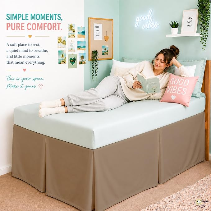 Cottington Lane Tailored Box Pleated College Dorm Bed Skirt Twin XL, Hotel Quality Premium Brushed Microfiber Extra Long Bedskirt Twin XL 30 Inch Drop, Taupe Dorm Bedding