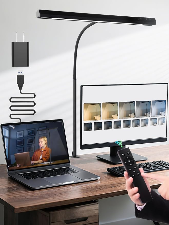 Desk Light,1000 Lumen Bright+5 Color+9 Brightness LED Desk Lamp with Remote | 12W Dimmable Monitor Light Bar with AUTO-Timer, USB Adapter Desk Lamps for Home Office, Study, Computer, Craft, Drawing Table