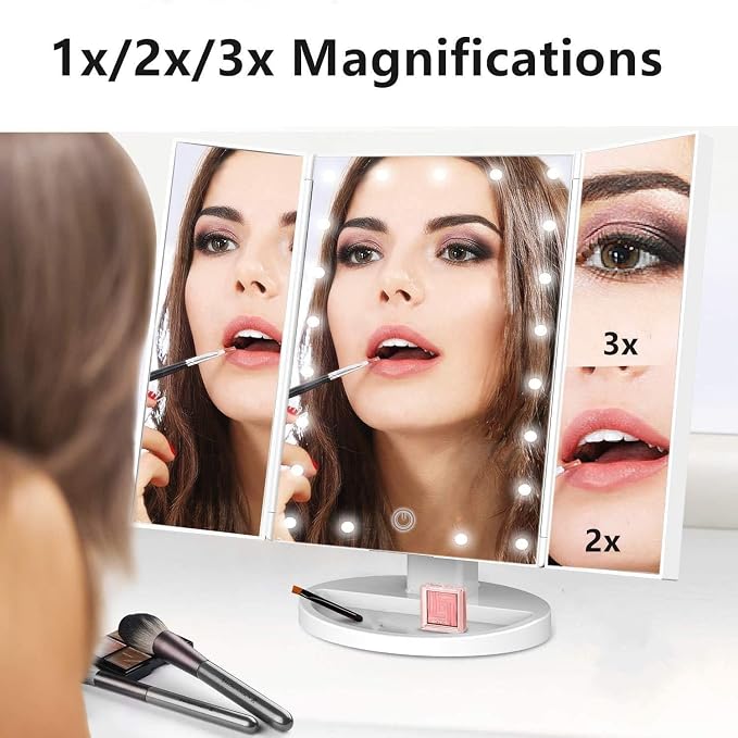 Infitrans Trifold Makeup Mirror Vanity Mirror with Lights,1X 2X 3X Magnification,Touch Control,Adjustable Rotation,Dual Power Supply,Portable Travel Cosmetic Mirror,Birthday Gifts for Women,Teengirls