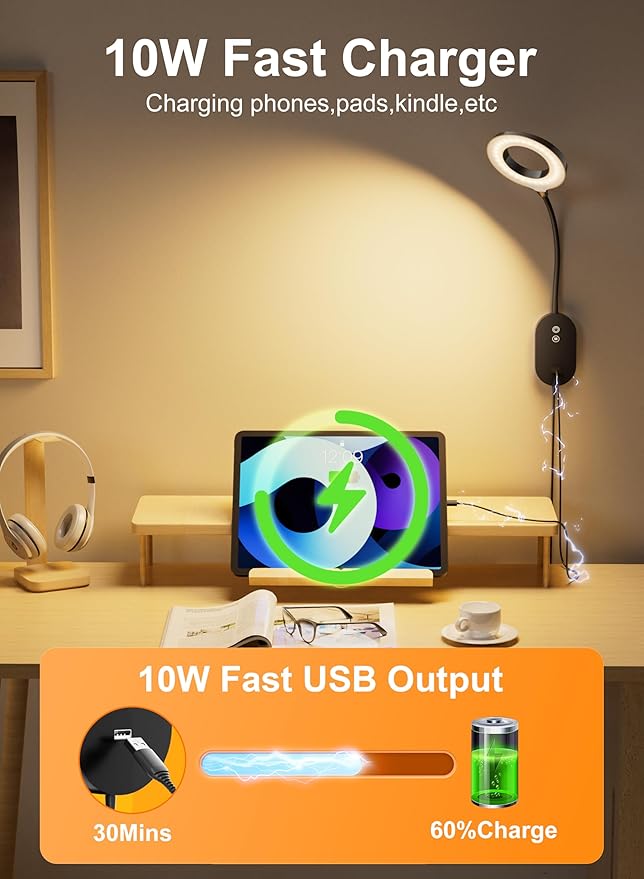 LED Wall Reading Light,Bedside Headboard Lights with 10W USB Output Fast, Wall Reading Lamps with 4 Color Modes & 5 Dimmable, Memory Function, 4-Hour Auto Off Ring Light Black