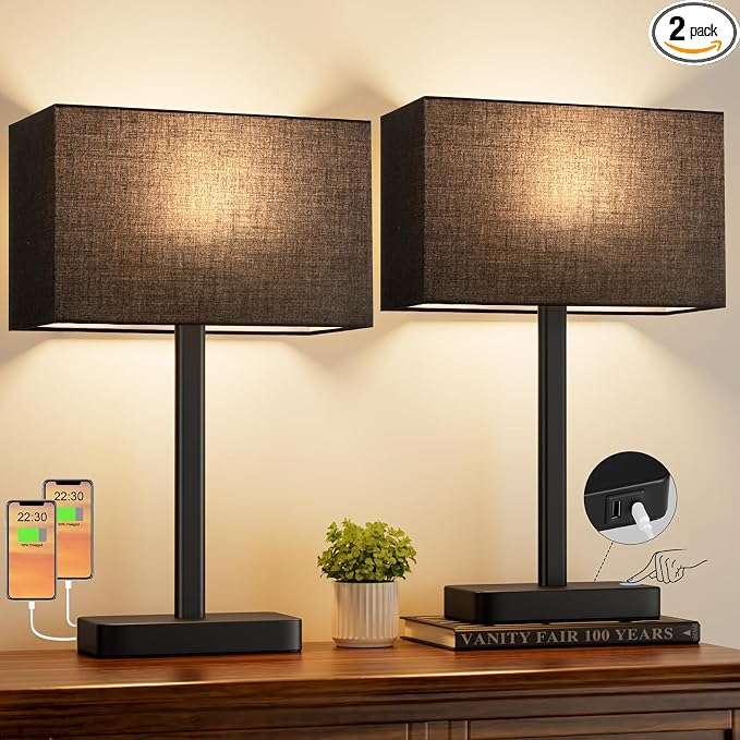 Hong-in Touch Lamps for Bedroom - 3-Way Dimmable Bedside Lamps Set of 2 with USB C+A, Black Modern Table Lamp for Night Stands, Desk Lamp for Living Room Nightstand End Tables Bed Side
