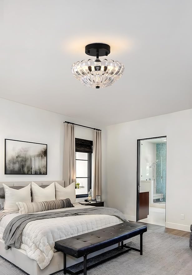 Semi Flush Mount Ceiling Light, Mini Vintage Black Close to Ceiling Light Fixture with Glass Shade, Modern Lighting for Bedroom Hallway Kitchen Laundry-Clear