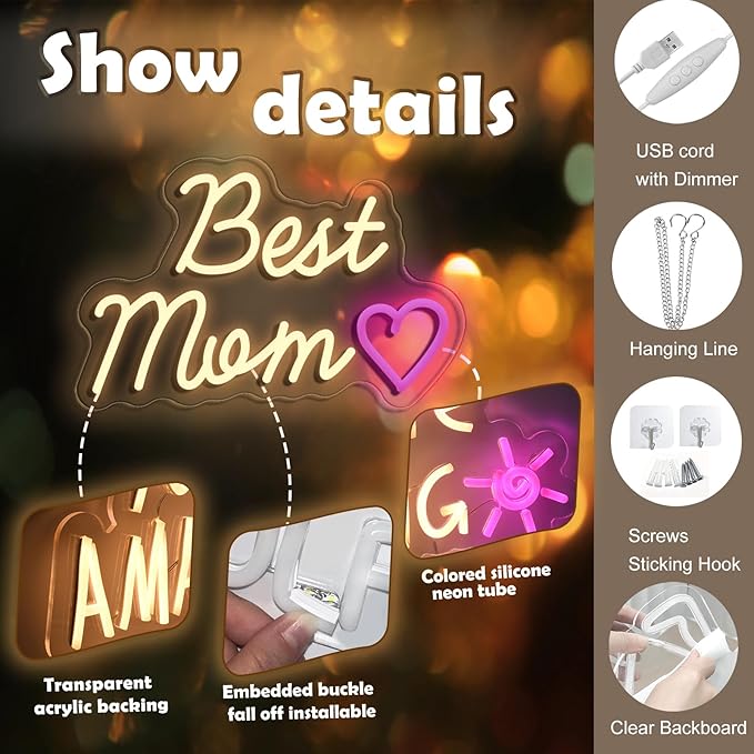 Best Mom, Dad, Son, Daughter, Sister, Husband Neon Light Sign LED Light Sign Suitable for Living Room, Bedroom, Kids Room Wall Decor, Father's Day, Mother's Day, etc. Best Gift for Family
