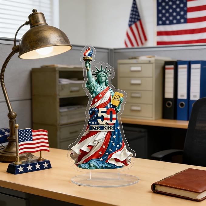 4th of July Decorations Gifts 2D Acrylic Statue of Liberty Shaped Tabletop Sign Designs 250th Anniversary Statue 1776-2026 Patriotic Desk Plaque for Living Room Book Shelf Cabinets Table Ornaments