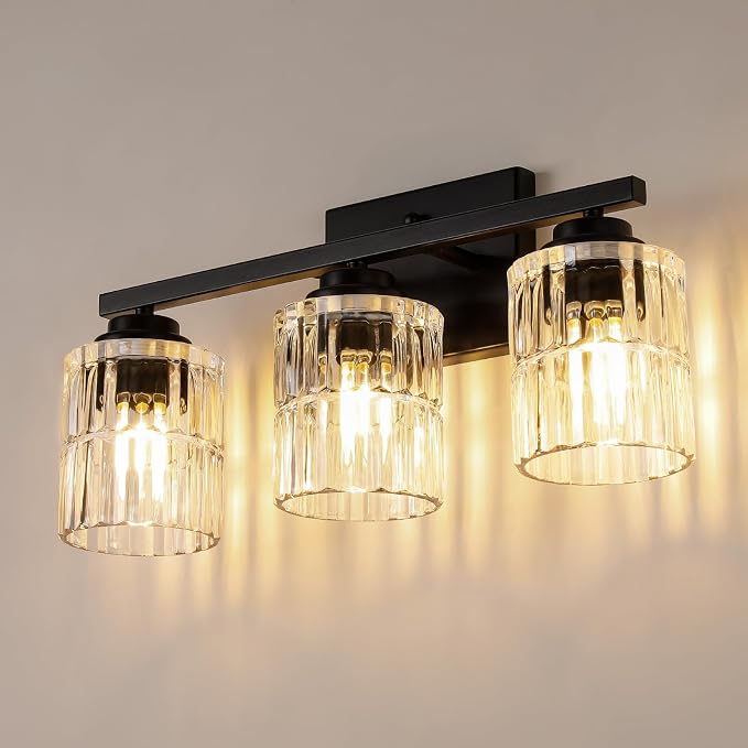 TALOYA Black 3-Light Bathroom Vanity Light with Fluted Cylinder Glass Shade | Modern Vanity Lighting Fixtures, Bathroom Lights Over Mirror, Wall Mount Mirror Light Fixtures for Bathroom Hallway Bedroom