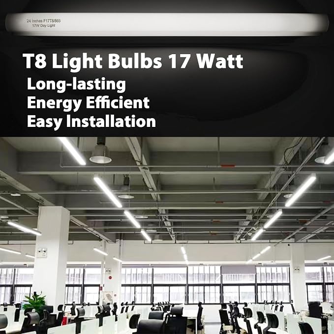 Konideke 24 Inch F17T8/865 Fluorescent Bulb Daylight 6500K, 17 Watt T8 Light Bulb, 2 Foot Fluorescent Light Bulb, 1460 lumens, G13 Medium Bi-Pin Cap 8 Pack