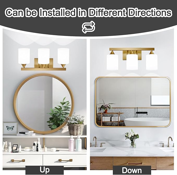 ZHU YAN Bathroom Vanity Lights Over Mirror,Gold Bathroom Light Fixtures 3 Lights，Modern Wall Sconces Milky White Glass Shades for Mirror Living Room Bedroom Standard E26 Base