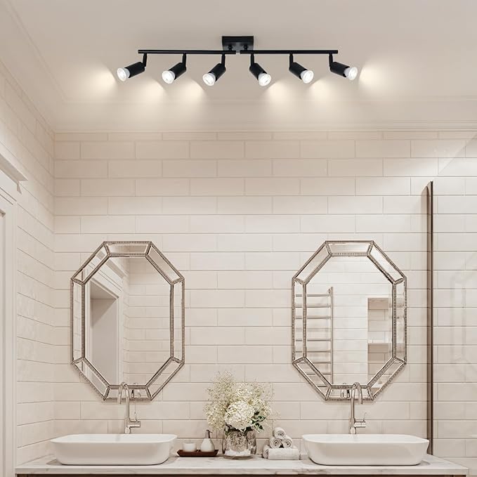 SEEBLEN 6-Light Kitchen Track Lighting, Black Adjustable GU10 Track Ceiling Light Kit, Industrial Flush Mount Ceiling Spotlight Fixture for Hallway, Dining Room