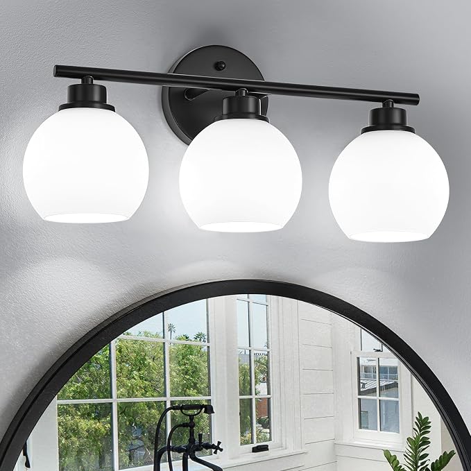 Matte Black Bathroom Light Fixtures, 3-Light Vanity Light Over Mirror | Modern Bathroom Lighting Over Mirror, Wall Sconces, Milky White Globe Glass Shades, E26 Socket,ETL Listed