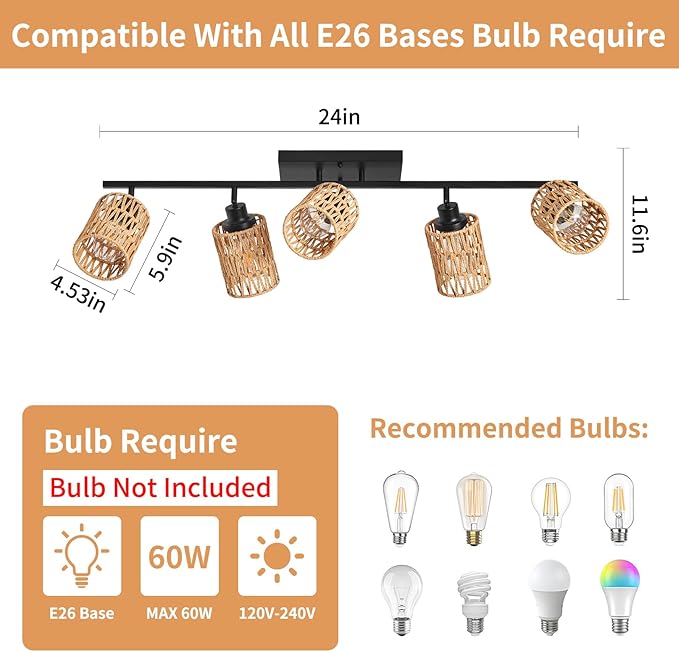 5-Light Track Lighting Fixtures Ceiling E26 Rattan Farmhouse Boho Ceiling Track Lighting Directional Rotatable Modern Track Ceiling Light Fixtures for Kitchen Bedroom Living Room Hallway Foyer