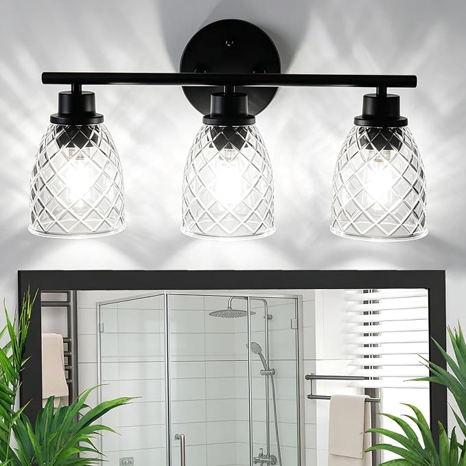 3-Light Vanity Light Over Mirror, Black Bathroom Light Fixtures | Modern Farmhouse Wall Lamp with Hammered Glass Lampshade for Kitchen Hallway Bedroom Living Room Cabinet Porch-18.1IN