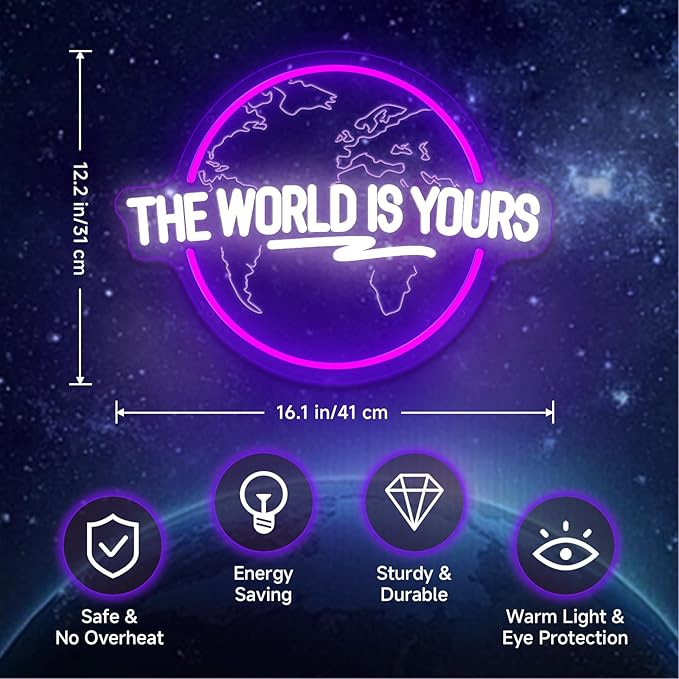 The World Is Yours Neon Sign Dimmable Carved Planet The World Is Yours LED Signs Purple Neon Sign for Bedroom Classroom Man Cave Game Room Birthday Christmas Gifts for Kids