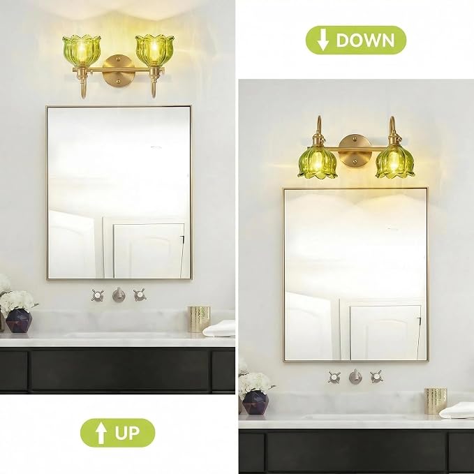 2-Light Vintage Bathroom Light Fixtures, 14.5" Hardwired Vanity Lights with Green Tulip Glass Shades, Brushed Gold Antique Wall Lights for Mirror Restroom Bedroom Living Room(Bulbs Not Included)