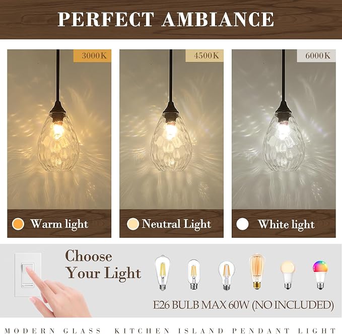 Glass Pendant Lights Kitchen Island, 1-Light Modern Black Pendant Light Fixtures with Hammered Glass and Rods, Small Hanging Light for Kitchen Sink Dining Room Bathroom