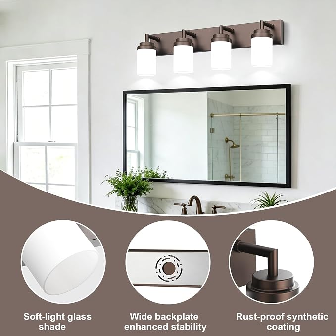 Bathroom Light Fixtures, Oil Rubbed Bronze Bathroom Lighting Fixtures Over Mirror, Modern Vanity Light with White Glass Shade, Restroom Lighting Fixtures, 4-Light 30-inch