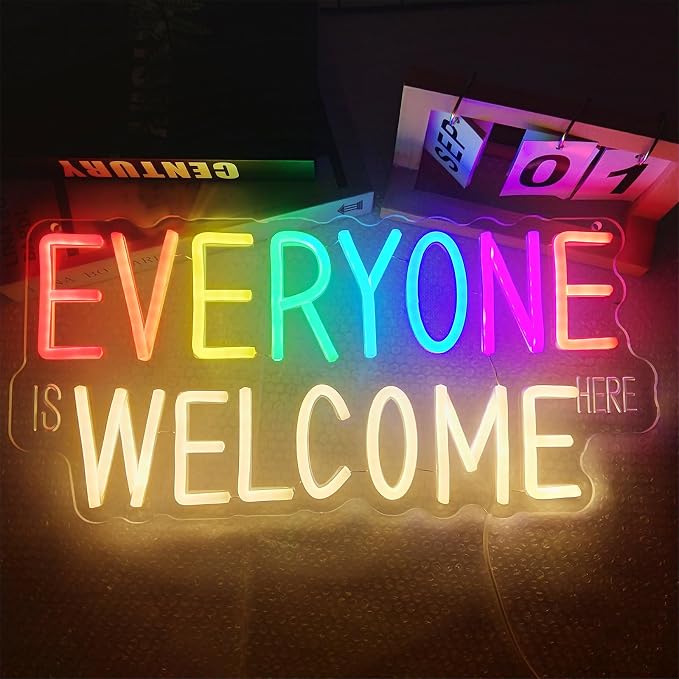Everyone is Welcome Here Neon Sign, Dimmable Classroom Neon Sign Lights for Wall Decor, USB Positive Affirmation LED Neon Light, Welcome Signs for Classroom Teacher Gifts Rainbow Pride Diversity Decor