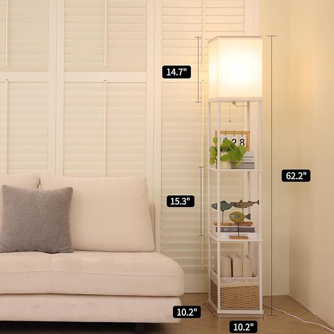 Floor Lamp with Shelves, Modern Square Standing Lamp with 3 Color Temperature Bulb, Corner Display Bookshelf Lamp for Living Room, Bedroom and Office（White）