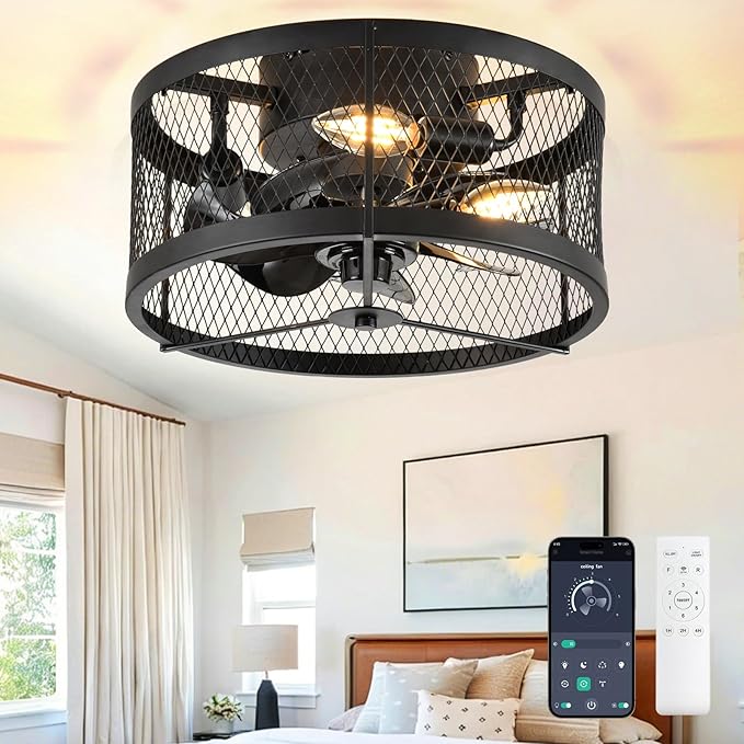 DLLT Caged Ceiling Fans with Light: 13" Small Outdoor Farmhouse Ceiling Fan with Remote App Control - Black Rustic Semi Flush Mount Bladeless Enclosed Fan for Bedroon Kitchen