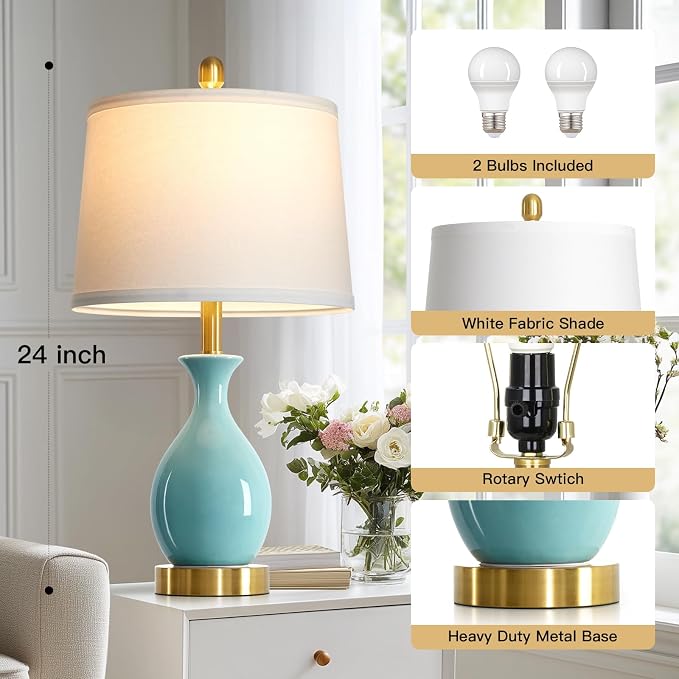 24" Aqua Blue Ceramic Table Lamps Set of 2, Modern Classic Bedside Lamps for Bedroom Nightstand, Small Table Lamp for Living Room End Table (2 LED Bulbs Included)