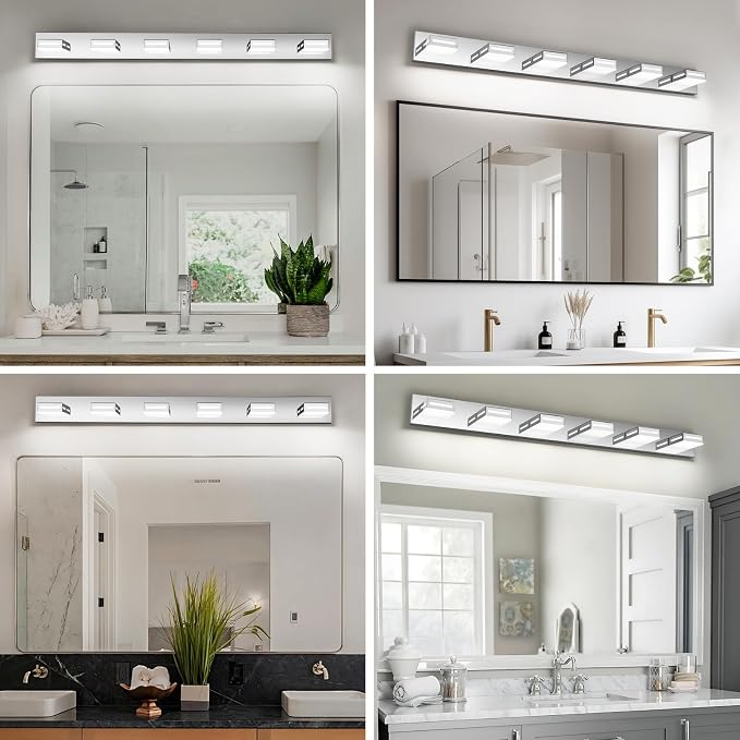 LED Modern Bathroom Light Fixtures, 6-Light 48-Inch Chrome Vanity Lights for Bathroom Lighting Fixtures Over Mirror, 6000K Cool White 350° Rotatable Wall Lamp