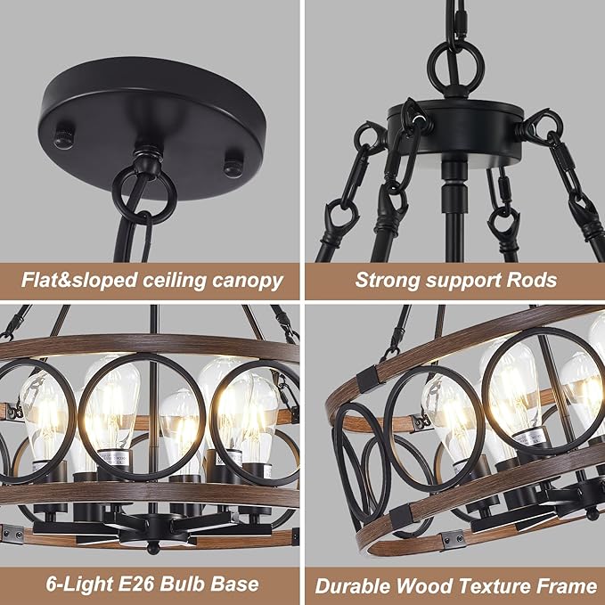 20.5'' Farmhouse Chandelier, 6-Light Walnut Wood Grain Dining Room Light Fixture Over Table, Rustic Industrial Drum Hanging Pendant Lights Fixture for Kitchen Island Bedroom Hallway Foyer Entryway
