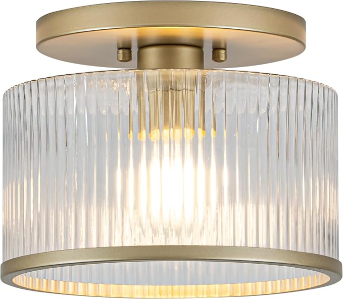 Zlepmlla Glass Ceiling Light, Clear Ribbed Glass Ceiling Light Fixture with Gold Metal Frame, Modern Semi Flush Mount Ceiling Light for Hallway,Entryway, Bedroom, Bathroom, Kitchen